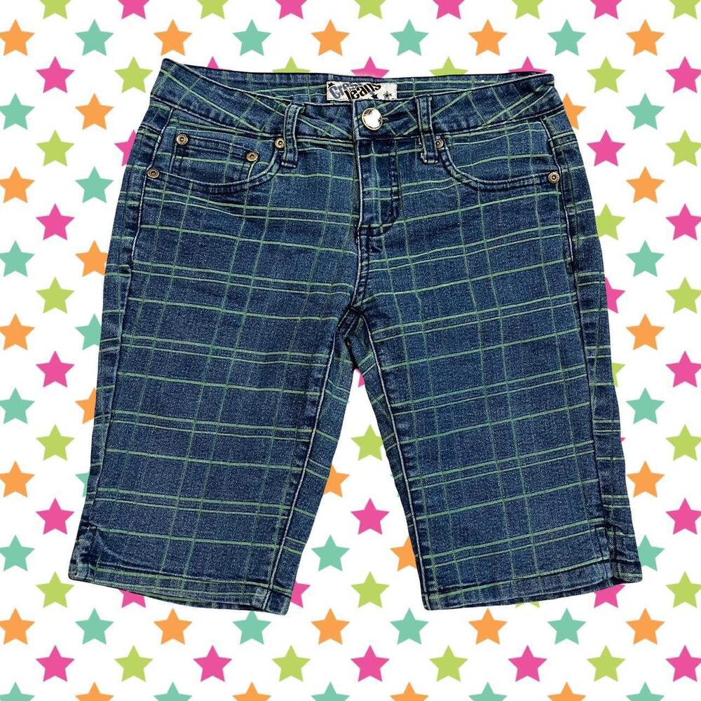 2000s dark blue crest jeans Capri shorts with green grid details